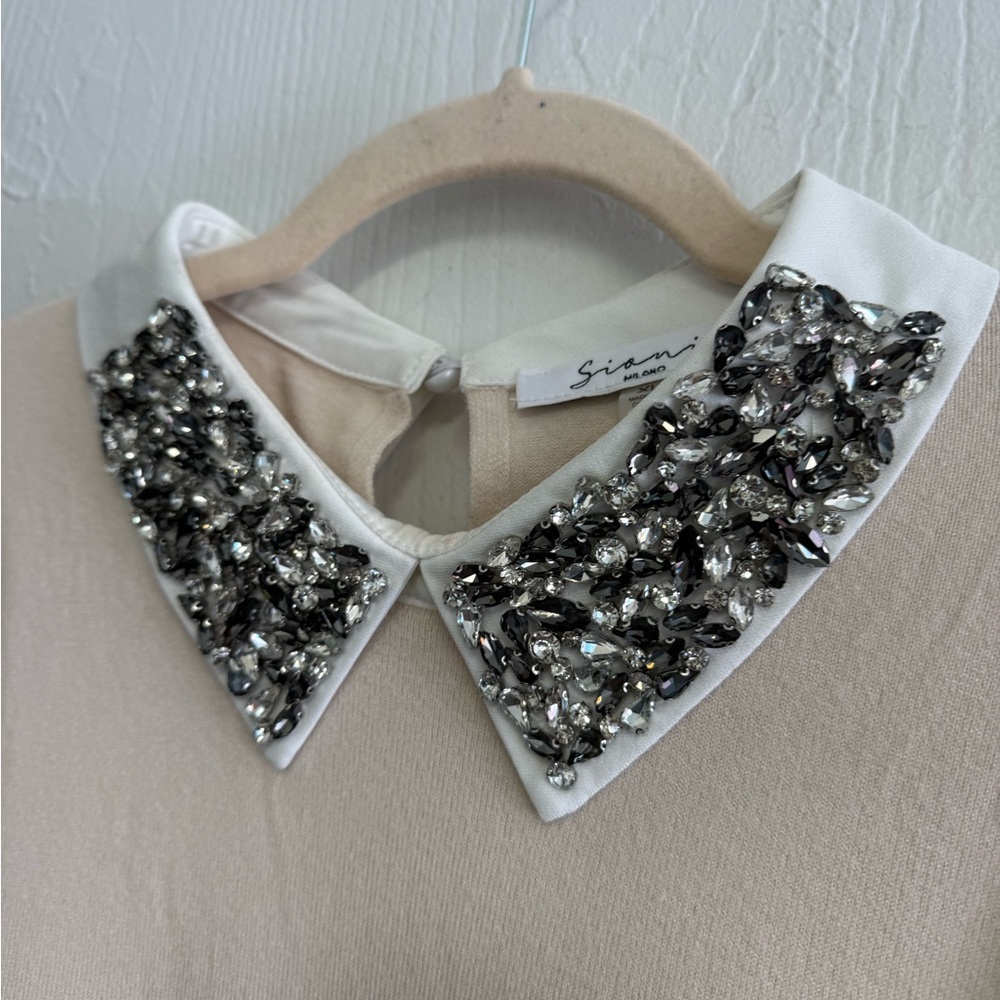 Sioni Embellished Sweater Cream Pale Pink Jeweled Collar Preppy XL Old Money - Picture 4 of 6